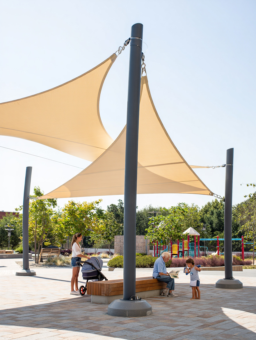 Toldo vela a medida instalado en terraza exterior Santiago Chile — MKM HDPE acero inoxidable
